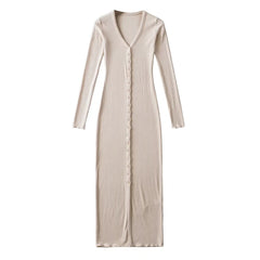 Backless V-neck Button Bodycon Mid-calf Dress