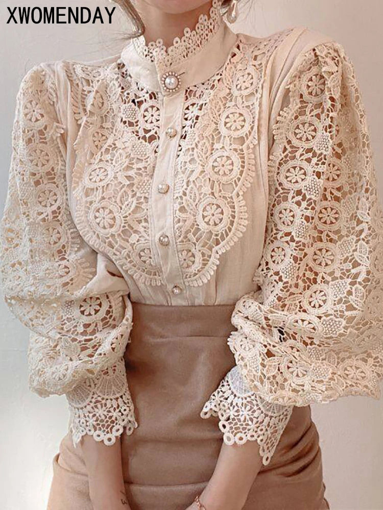 Women's Chiffon Turtleneck Shirt Button Chic Floral Lace Fluffy Long Sleeve Shirt Elegant Boutique Fashion Hollow Out Oversize White Blouse