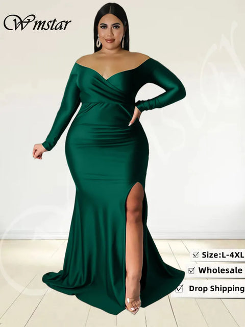 Plus Size Party Dresses for Women Off Shoulder V Neck Split Hem Elegant Wedding Party Prom Dress