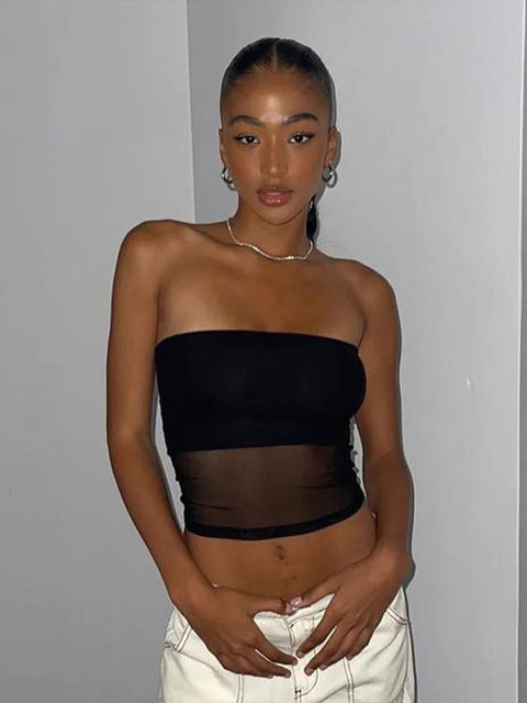 Crop Top Women Mesh Corset Black Patchwork Tube Sleeveless Off Shoulder Slim Casual Summer Top