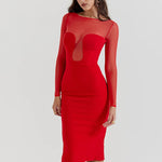 Elegant Strapless Sexy Midi Dress For Women Fashion Sheer Long Sleeve Backless Split Bodycon Club Party Sexy Long Dress