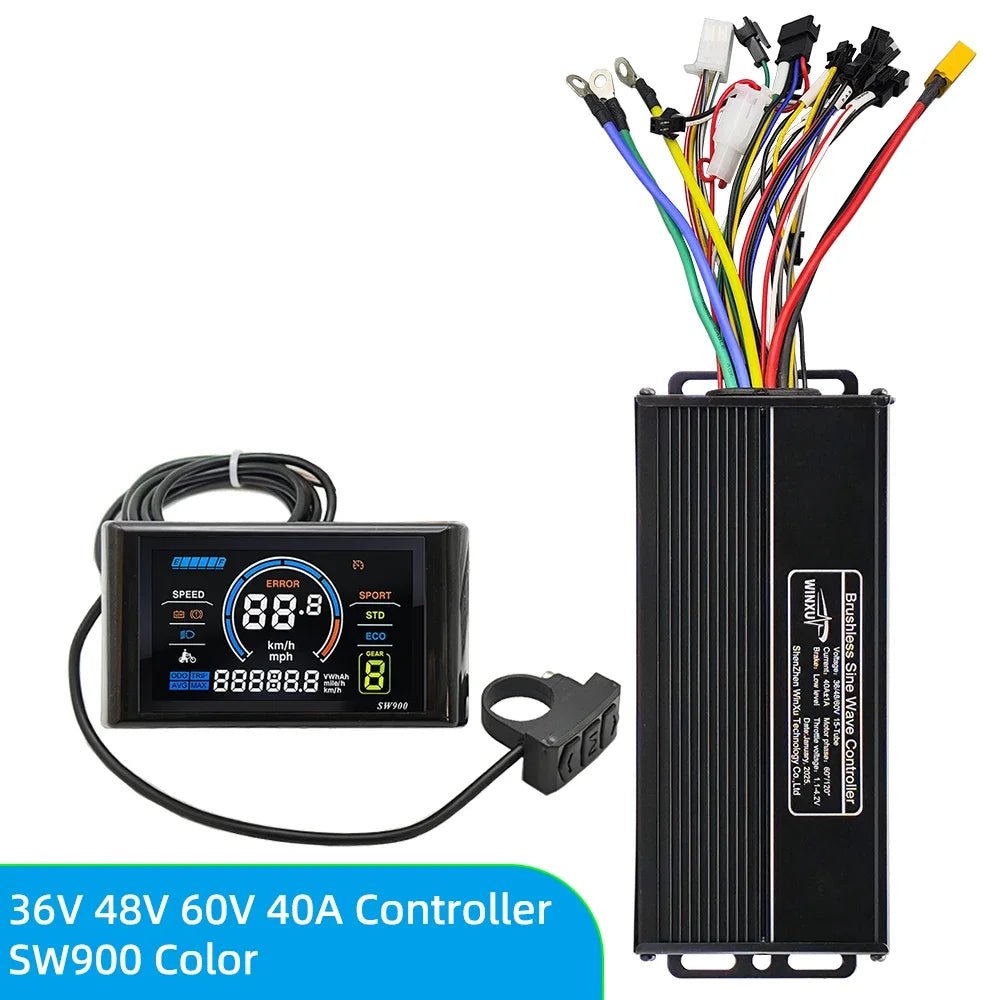 Electric bike controller with digital display and wiring harness on a white background