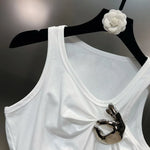 Round Neck Ruched Slim Tank Top with Brooch for Women