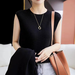 Hollow Out O-Neck Knitted Shirt Tank Top Women's Summer Casual Sleeveless Blouse Vintage Elegant Tank Top