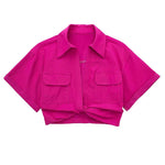 Women's Safari Style Cropped Shirt with Pockets Patch Knotted Short Blouse Chic Cropped Shirt Tops