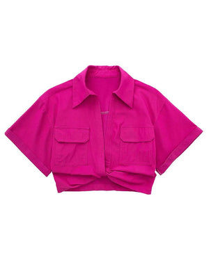 Women's Safari Style Cropped Shirt with Pockets Patch Knotted Short Blouse Chic Cropped Shirt Tops