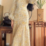 Elegant Long Sleeve Floral Print Lace Bodycon Midi Dress