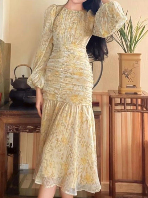 Long Sleeve Floral Printed Lace Bodycon Midi Dress Women Elegant Casual Party Fashion
