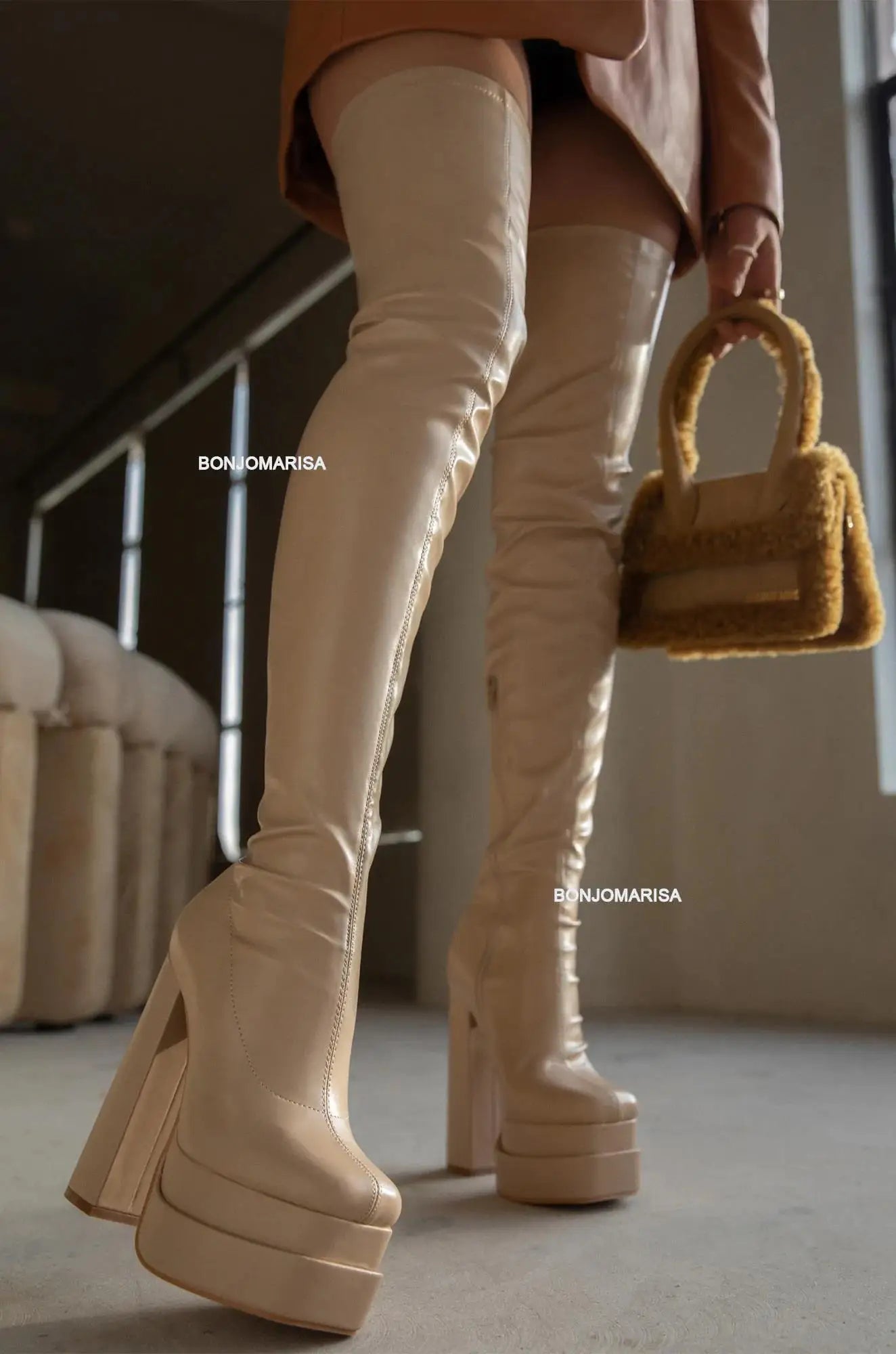 Women's Thigh High Boots Double Platform Block High Heels Over The Knee Boots Zipper Sexy and Chic High Boots