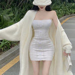 Women's Knitted Loose Long Sleeve White Lightweight Duster Cardigan