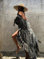 Vintage Summer Kimono Swimwear Beach Cover Up With Sashes Oversized Long Sexy Cardigan