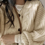 High Quality Vintage Solid Knit Cardigan for Women V-neck Single Breasted Casual Loose Thick Sweater