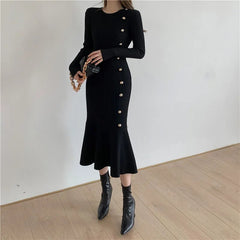 Vintage Midi Sweater Dresses for Women Long Sleeve Elegant with Side Buttons Warm Mermaid Knit Bodycon Dress