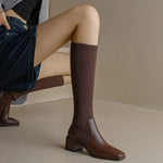 Knitted w/ Faux Leather Knee-High Sock Boots for Women New Fashion Slip On Med Heel Retro Elastic Boots