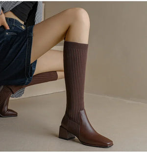 Knitted w/ Faux Leather Knee-High Sock Boots for Women New Fashion Slip On Med Heel Retro Elastic Boots