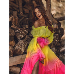 Chic Sexy Off Shoulder Ruffle Skirt Set Blouse & Long Skirt w/ Slit Vintage Colorful Print Two Piece Set Elegant Outfit
