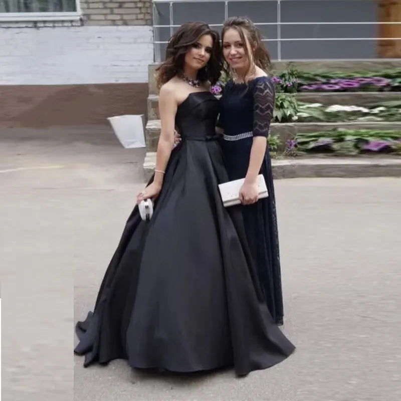 Timeless Black Satin Strapless Ball Gown A-Line Prom Dress