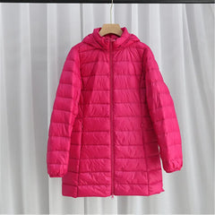 Women's Plus Size Down Puffer Jacket Detachable Hood Light Thin White Duck Down Winter Jacket Long Warm Puffer Outerwear