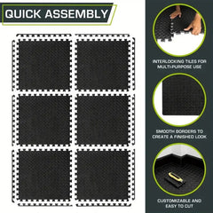 Black interlocking foam tiles with assembly instructions on a green background