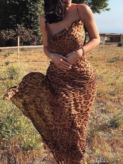 Maxi Dress Women Leopard Print V-Neck Bodycon Lace-Up Spaghetti Strap Backless Elegant Party Dress