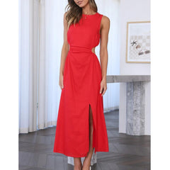 Side Waist Cut Out Women's Midi Dress Back Zipper Split Sleeveless Dress