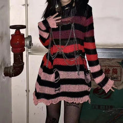 Punk Gothic Long Unisex Sweater Hollow Out Hole Distressed Sweater