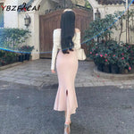 Women's Elegant White Long Sleeve  Top + Pink High Waist Slim Skirt Set