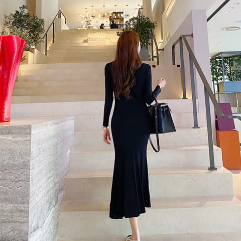 Long Sleeve Midi Dress Women Elegant Single Breasted V-Neck Party Casual Chic Fashion Dress
