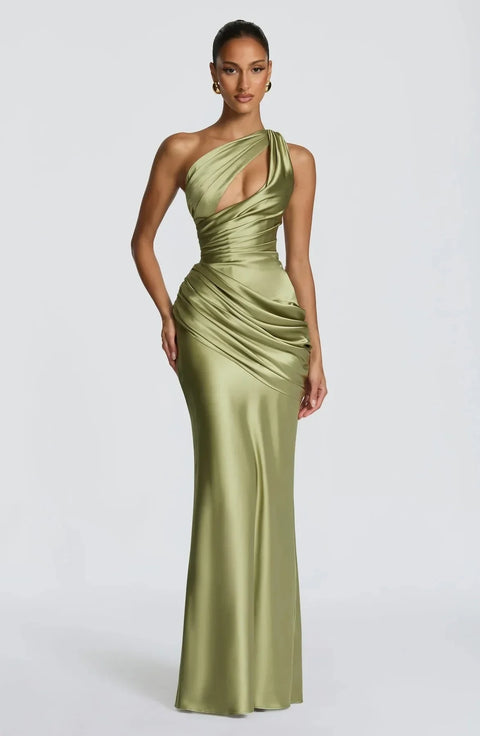 Green Satin One Shoulder Mermaid Maxi Dress Women Ruched Hollow Out Elegant Wedding Guest Prom