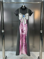 Women's Print Distressed Long Dress with Bow Pearl Straps Spring Summer Maxi Dress