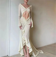 Women's Sexy Babydoll Lingerie Style Long Sleeve Dress V-Neck Chemise Mesh Nightwear Long Gown Frill Trim Sheer Nighty Dress Cover Up