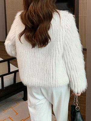 Women's Long Sleeve Short Faux Fur Coat  Zipper Sashes White Turn-down Collar