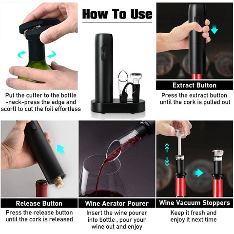 Step-by-step guide on how to use a wine opener with various functions.