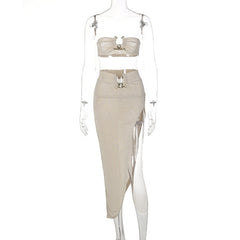 Women's Elegant Sexy Two Piece Party Sets Halter Top & Elastic Waist Irregular Skirt
