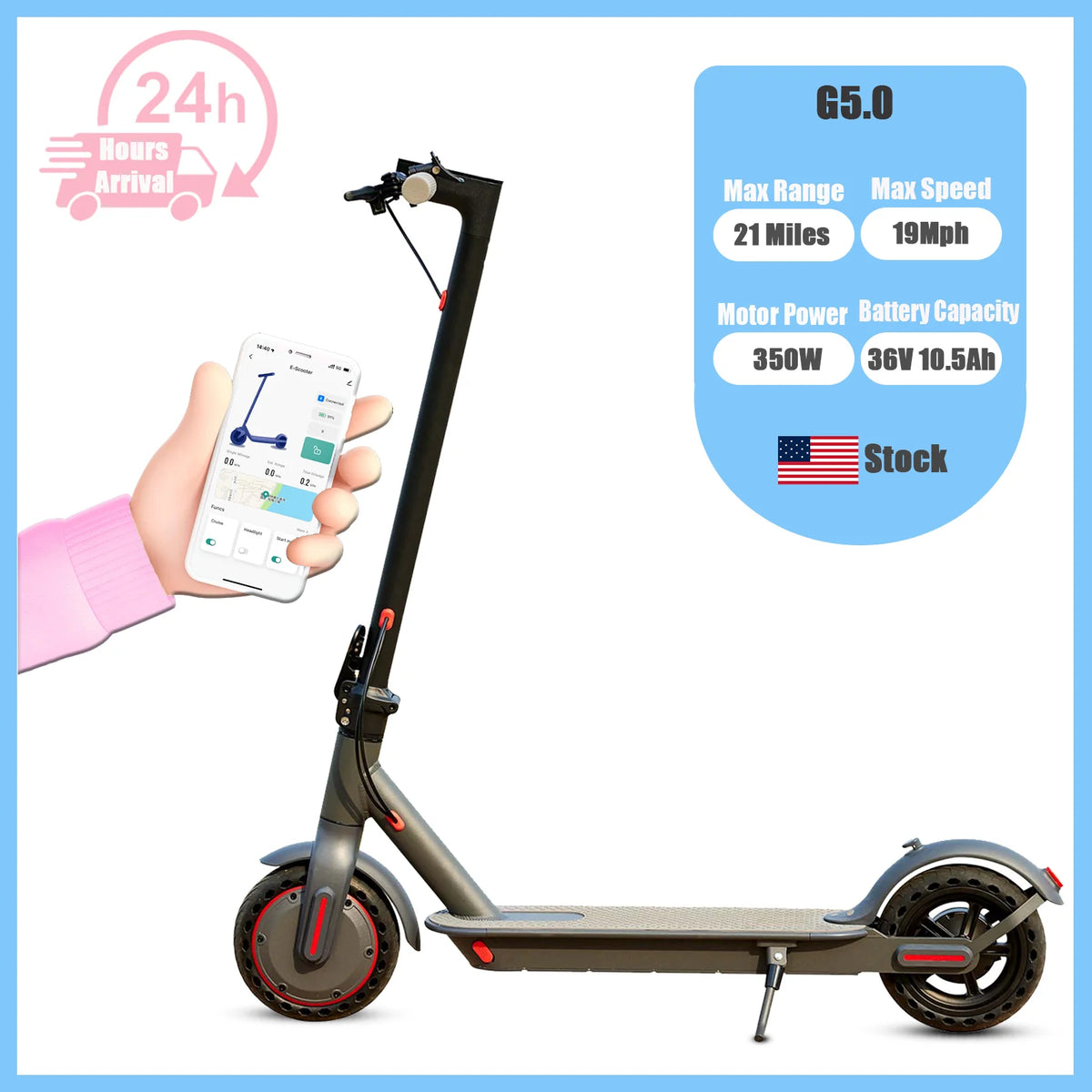 Electric Scooter – 36V 10.5Ah Battery, 19MPH Speed, 21 Mile Range, 350W Motor, Foldable Design