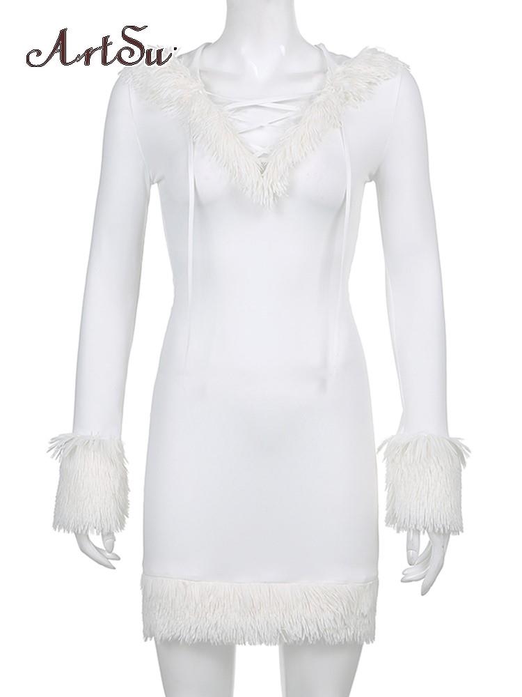 Furry White Bodycon Mini Dresses for Women Long Sleeve Hooded Party Club Dress Skinny Fit