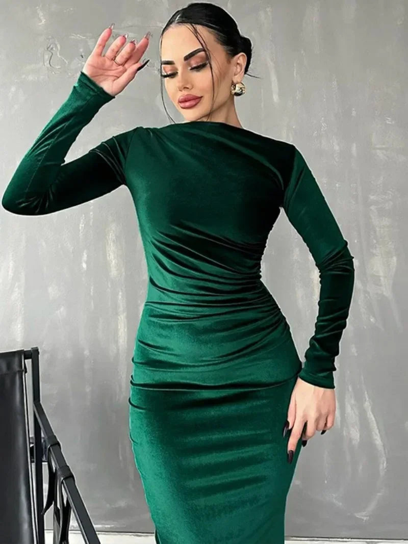 High Waist Long O-Neck Velvet Dress Folds Elegant New Fashion Office Party Bodycon Evening Dresses