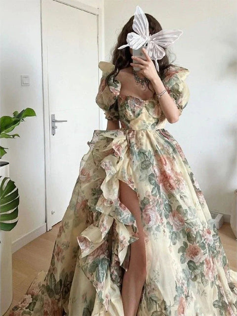 Maxi Dress Women Floral Print Puff Sleeve Elegant Princess French Vintage Long Evening Party Summer