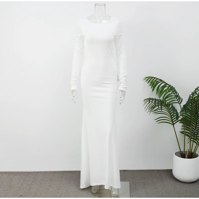 Chic Backless White Long-Sleeved Slim Fit Maxi Dress for Women - Elegant Pleated Evening Gown