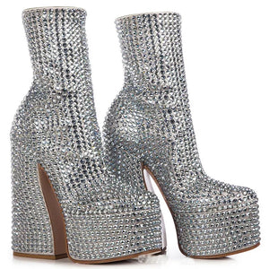 Women's Square Toe Platform  Rhinestone Glitter Short Boots Super High Heel Diamond Crystal Decoration Short Vintage Chic Ankle Boots