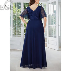 Plus Size Women's V-Neck Royal Blue Sequin Shiny Dress Chiffon Maxi Wedding Party Prom Short Sleeve Dresses