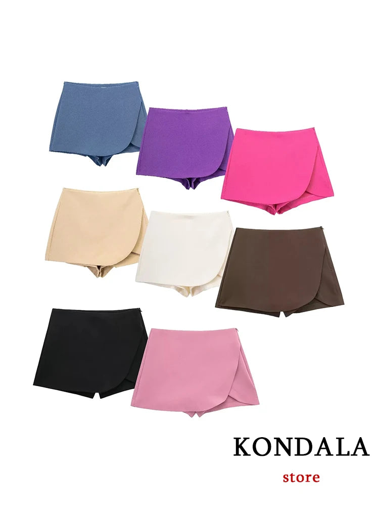 Casual Mini Asymmetrical Skirt Shorts Women's Fashion High Waist Back Pockets Wide Leg Skirts Zipper Shorts