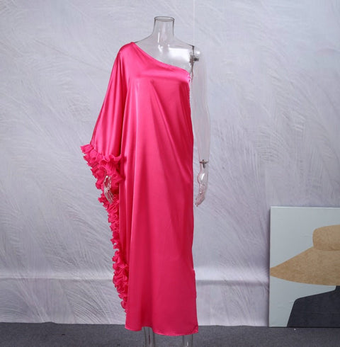 Long Sleeve Layered Ruffle Maxi Dress Women Diagonal Collar Asymmetric Elegant Evening Fashion