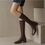 Knitted w/ Faux Leather Knee-High Sock Boots for Women New Fashion Slip On Med Heel Retro Elastic Boots