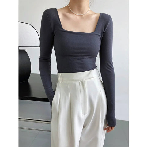 T-Shirt Women Long Sleeve Stretchy Square Neck Slim Fit Exposed Collarbone Low-Neck Casual Fashion