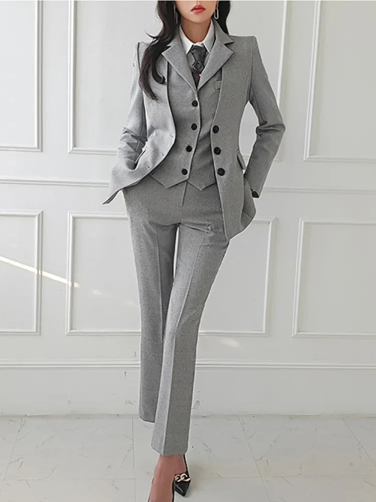 Women's Vintage High Quality 3-Piece Pant Suit Work Office Wear Blazer Jacket Vest Trousers 3 Pieces Set
