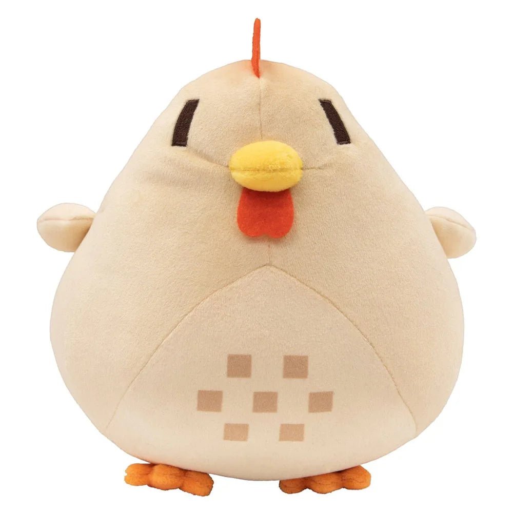 Plush toy of a cartoon chicken with a white background
