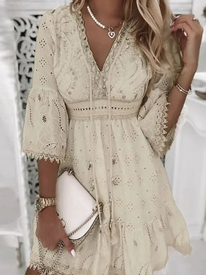White Lace Beach Dress for Women V Neck Hollow Out 3/4 Sleeve Short Dress