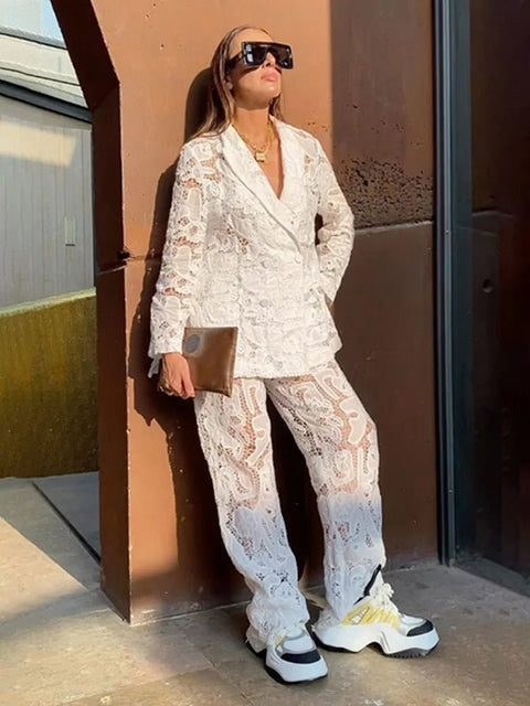 Lace Pant Suit Women 2-Piece Chic Lapel Double Breasted Long Sleeve Blazer Wide Leg Pants Hollow Out