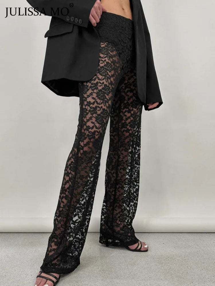 Lace High Waist See-Through  Pants For Women Wide Leg Baggy Hollow Out Trousers High Fashion Straight Pants